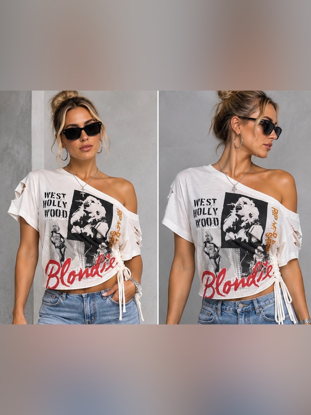 Upcycled distressed Blondie Graphic Off-Shoulder Crop Top tee size S